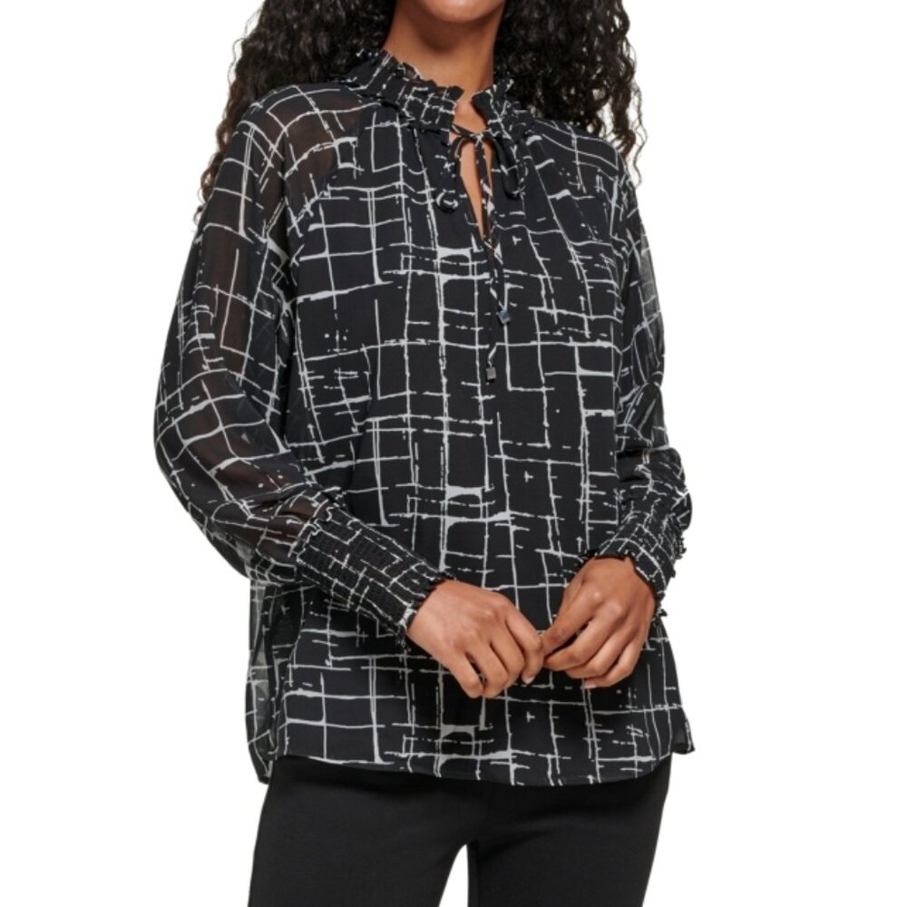CALVIN KLEIN (L) Black White Geometric Print Chiffon Peasant Blouse Top Tie-Neck